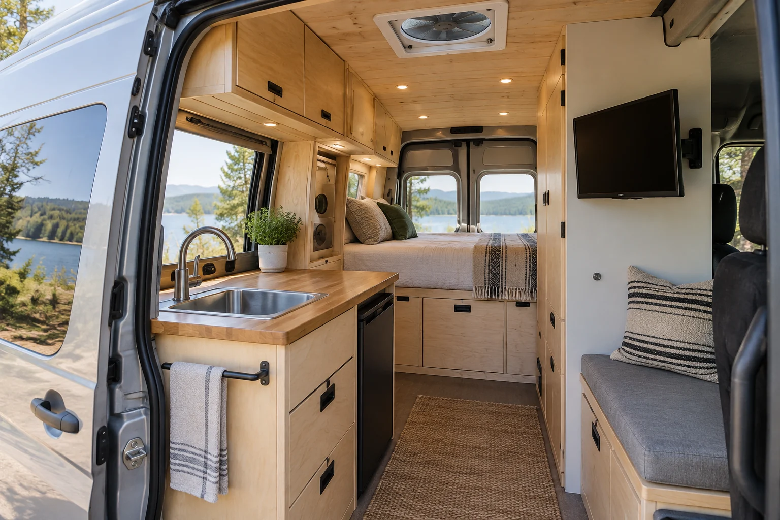 Illustrative camper van interior with a fitted sink, wall-mounted TV, cabinets and roof vent fan