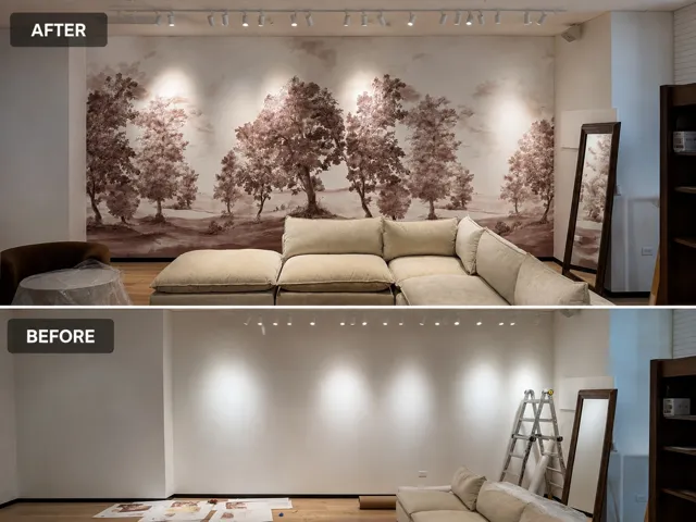 Before-and-after comparison of a plain living room wall and the finished tree-pattern feature wall.