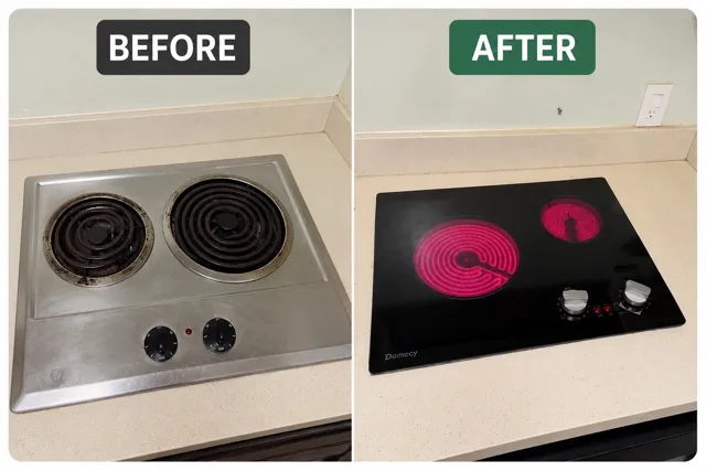 Before-and-after photo showing an older two-burner coil cooktop replaced by a black glass cooktop.