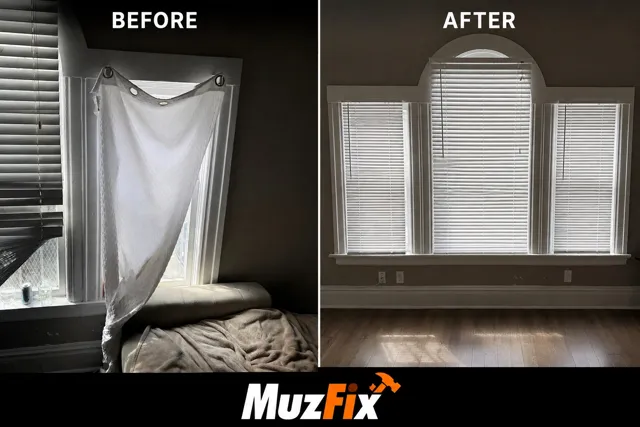 MuzFix before-and-after comparison showing a temporary fabric window covering and fitted white blinds.