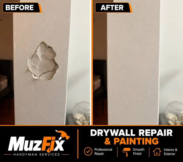 Before and after: localized wall repair and painting beside wood trim