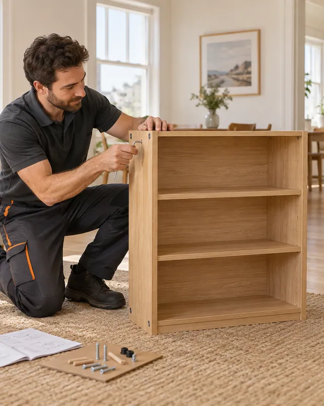 Illustration of an installer assembling an oak bookcase