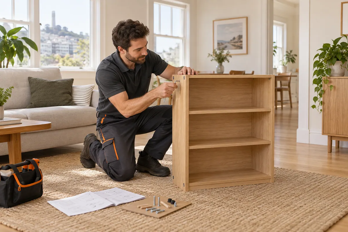 Illustration of an installer assembling an oak bookcase