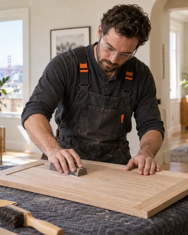 Illustration of a carpenter finishing an oak cabinet door