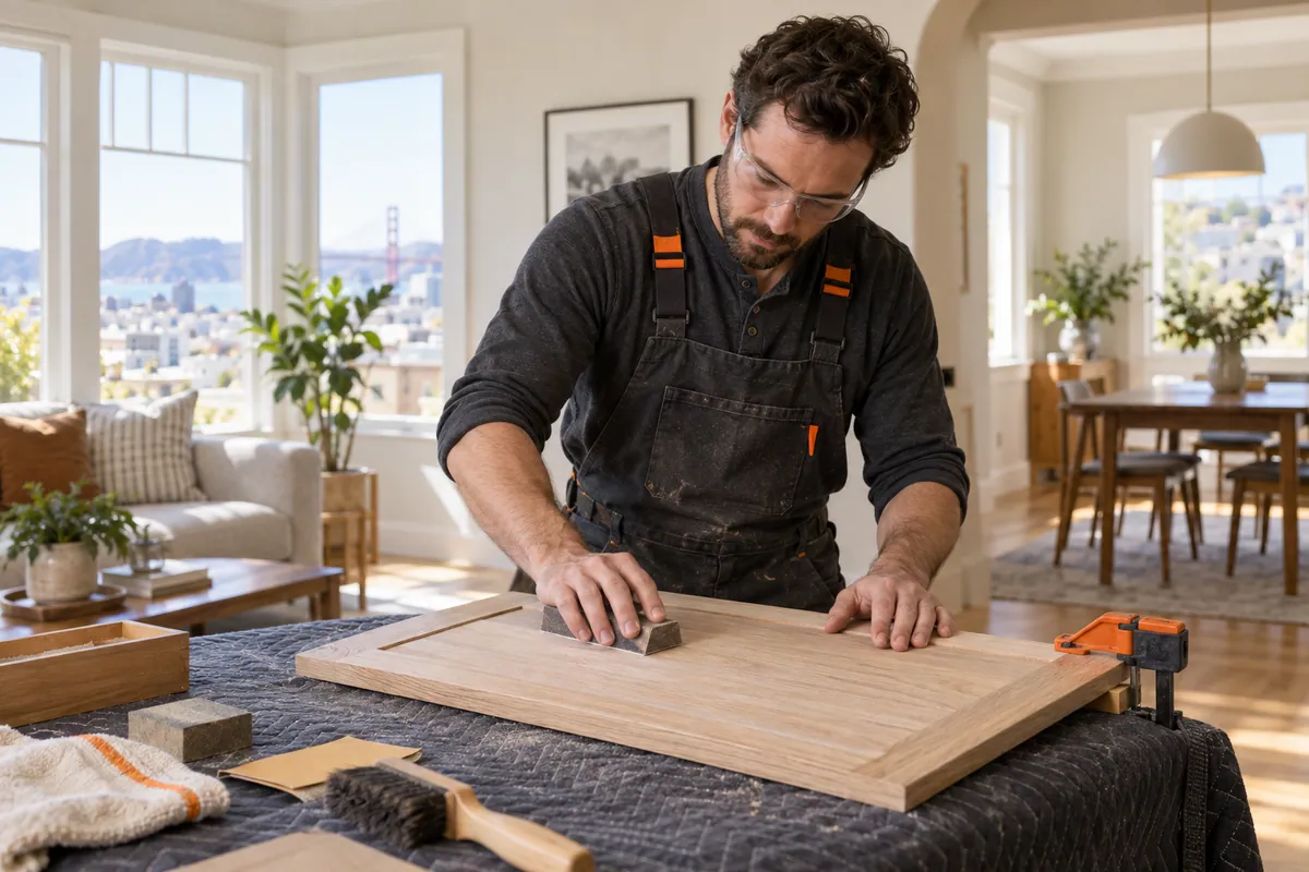 Illustration of a carpenter finishing an oak cabinet door