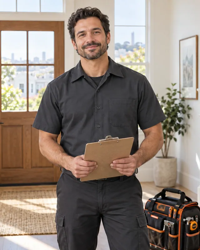 Illustration of a home services professional ready to review a request