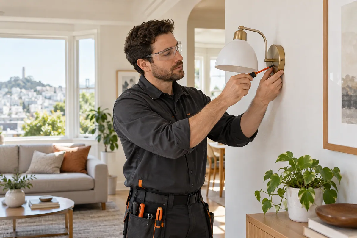Illustration of a professional fitting an interior wall light