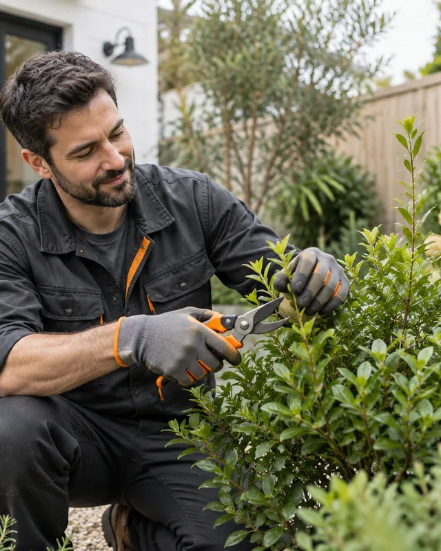 Illustration of a gardener pruning a courtyard shrub