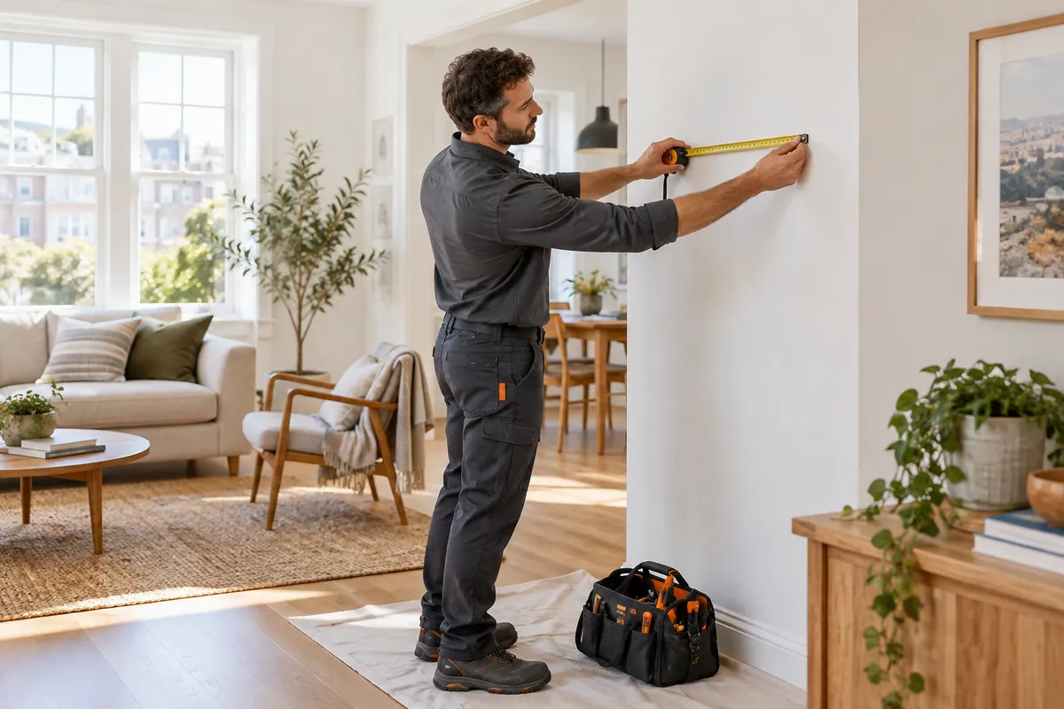 Illustration of a home repair professional planning work in a bright home