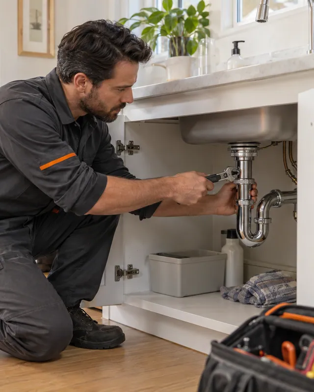Illustration of a plumber inspecting a kitchen sink drain