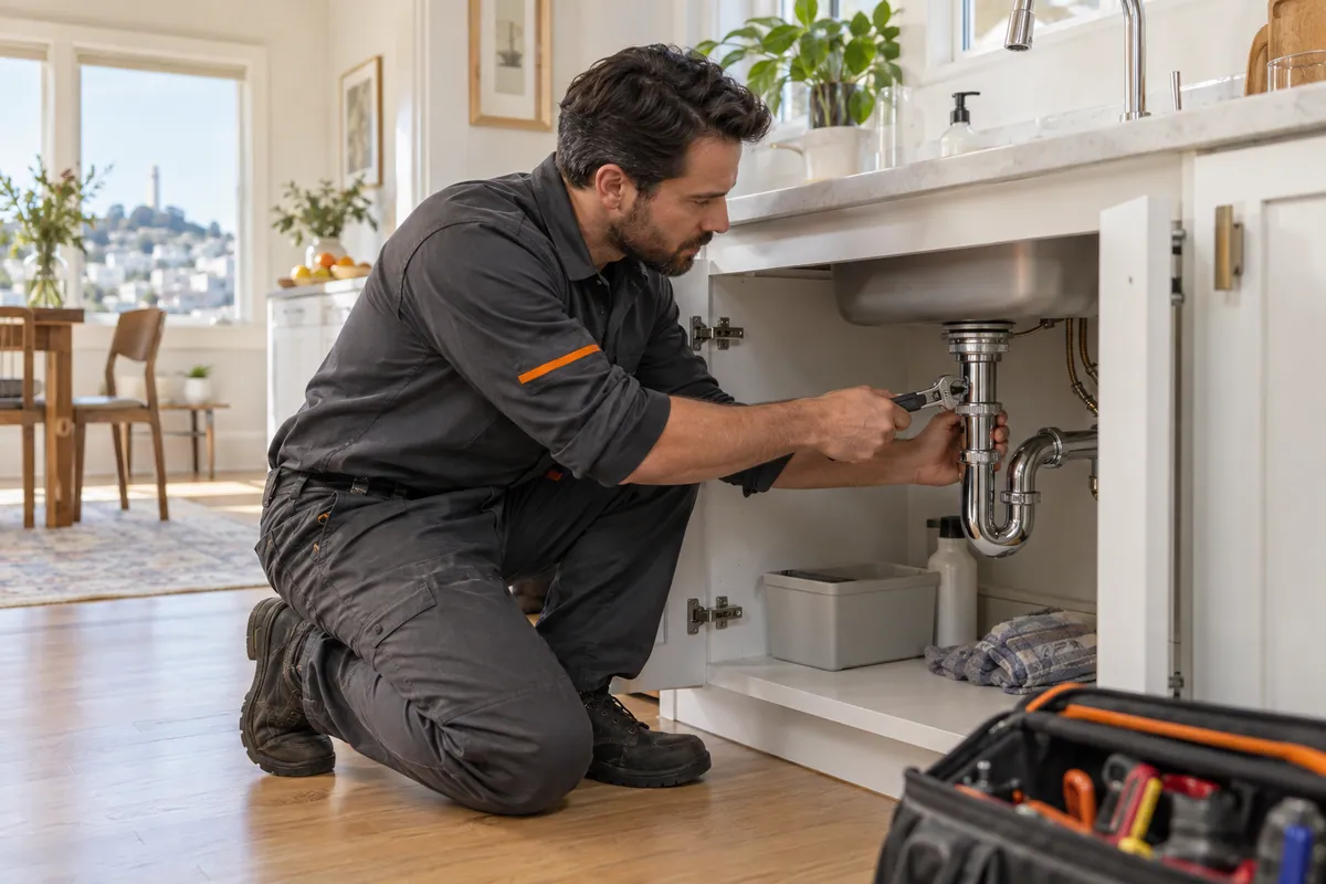 Illustration of a plumber inspecting a kitchen sink drain