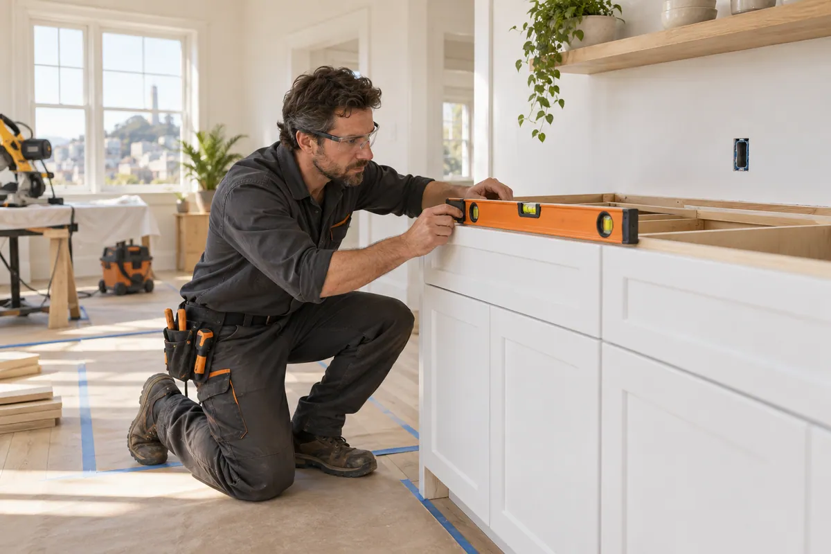 Illustration of a renovation professional aligning kitchen cabinets
