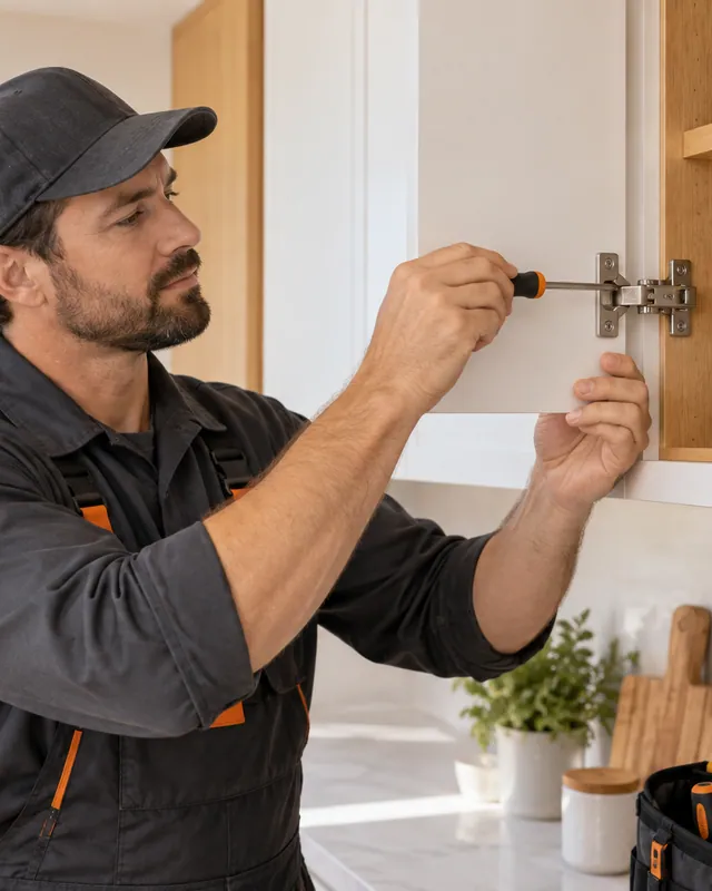 Illustration of a handyman adjusting a cabinet hinge