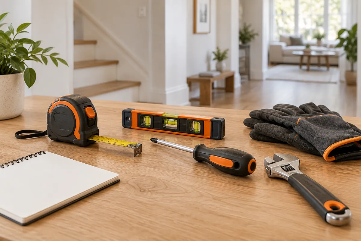 Home repair tools arranged neatly on a light work surface
